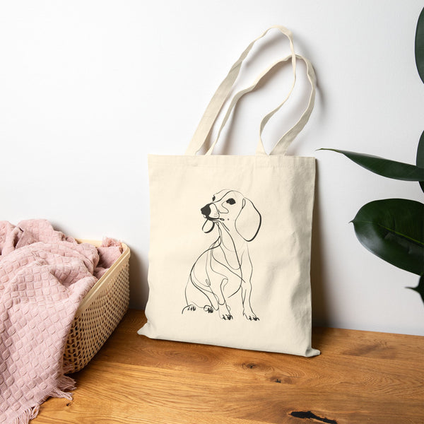 Dachshund Line Art Cotton Tote — Minimalist Dog Sketch Reusable Bag
